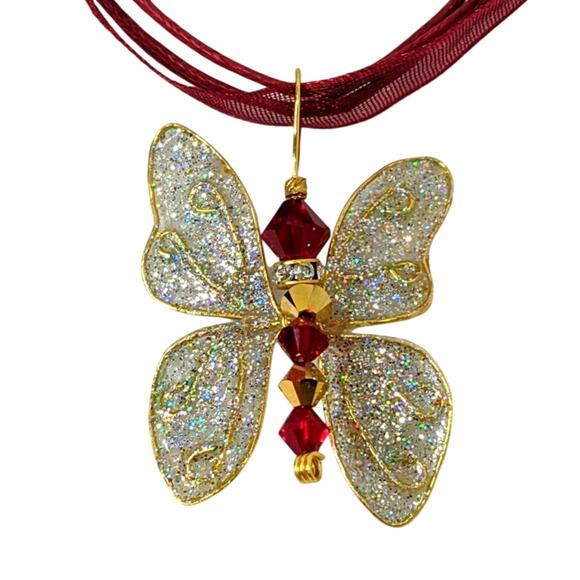Artisan Whimsical Winged Butterfly Pendant Swarovski Red Gold Crystal Necklace - Picture 3 of 12